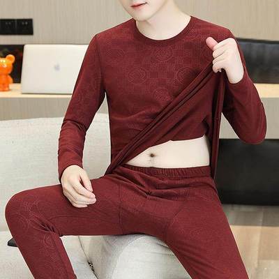 红豆本命年保暖内衣套装男士蛇年加绒加厚酒红色衣服男款德绒秋衣