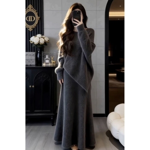 灰色毛衣针织连衣裙子女秋冬2026新款巨好看韩系穿搭一整套装长裙