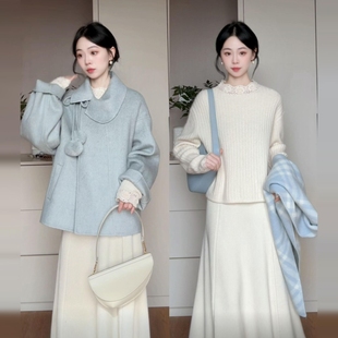 2025新款法式温柔风白色针织毛衣连衣裙子秋冬季大衣内搭长裙套装