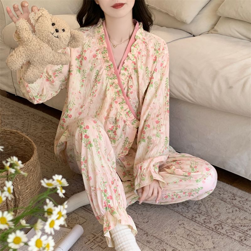 女士睡衣-春秋季绑带开衫款长袖长裤居家服