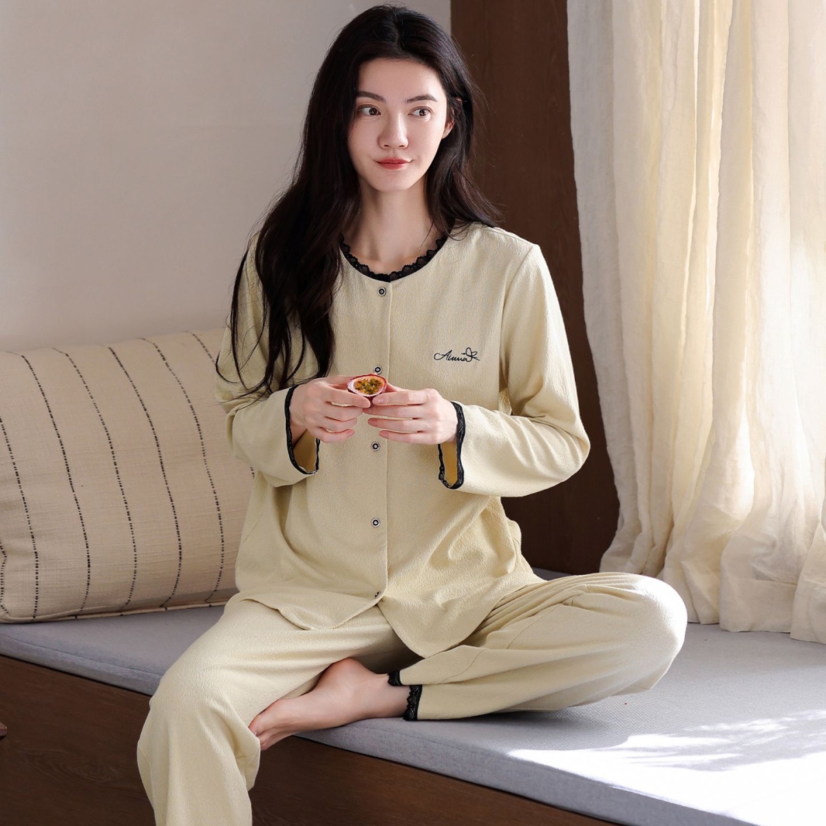 女士睡衣-2025新款春秋薄款长袖长裤圆领开衫家居服秋冬季套装