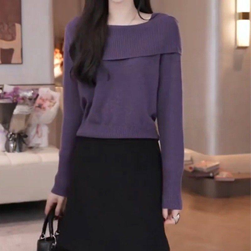 慵懒高级感紫色毛衣秋冬女2025新款可外穿内搭打底一字肩针织上衣,女装/女士精品,毛衣,淘宝优惠券,粉丝福利购,淘宝优惠卷