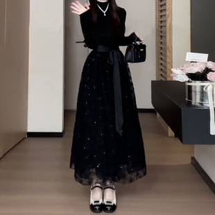 黑色半高领长袖针织连衣裙子女冬季2026新款配大衣内搭打底长裙