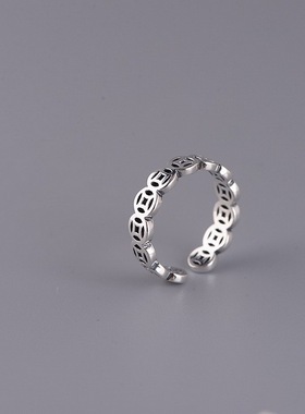 海盗船长s925纯银戒指 复古民族风招财钱币铜钱 钱串子银指环女