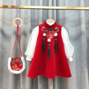 女童旗袍背心裙新款儿童中国风冬款汉服宝宝唐装红色拜年服两件套