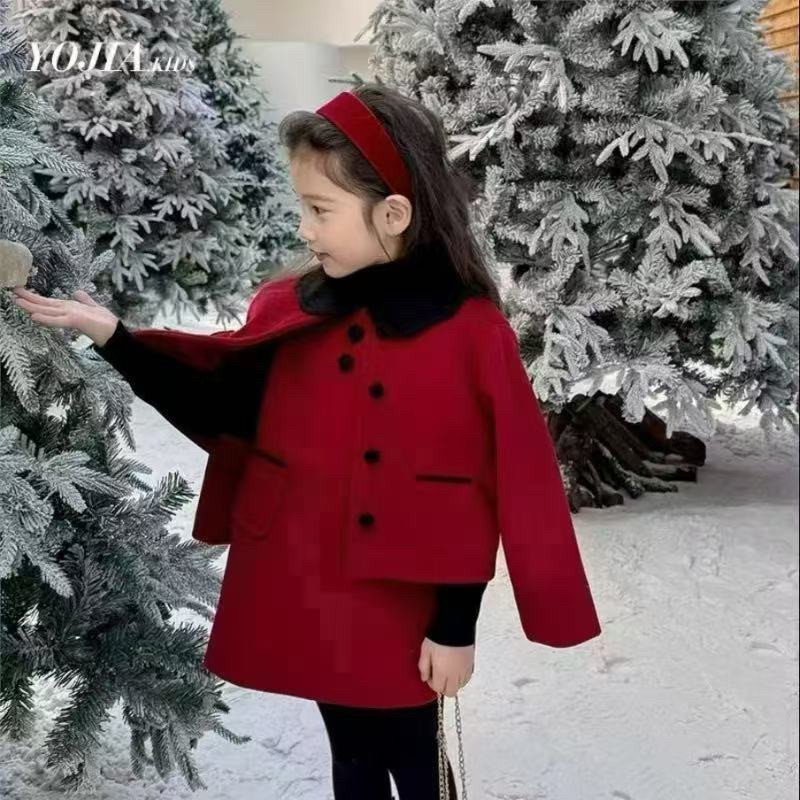 女童小香风套装秋冬新款儿童红色夹棉两件套羊毛混纺背心裙两件套