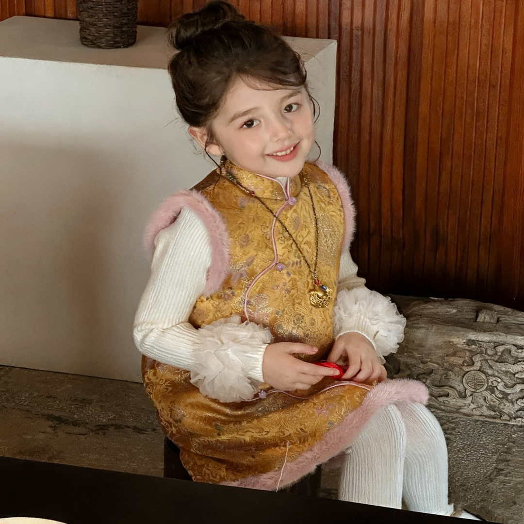 女童旗袍背心裙秋冬新款儿童新中式国风改良夹棉旗袍裙提花拜年服