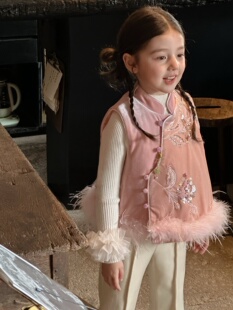 女童中国风亮片背心冬季新款儿童古风改良拜年服加厚刺绣马甲年服