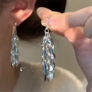 银耳环9999纯银正品女银色麦穗流苏耳环长款个性百搭闪亮耳饰高级