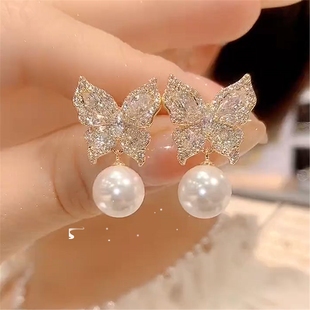 银耳环9999纯银女正品微镶蝴蝶锆石珍珠耳钉2025年新款爆款网红耳