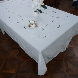 即花棉麻 260cm椭圆 白手工绕扎木绣锁绣雕平绣桌布BJ727 175