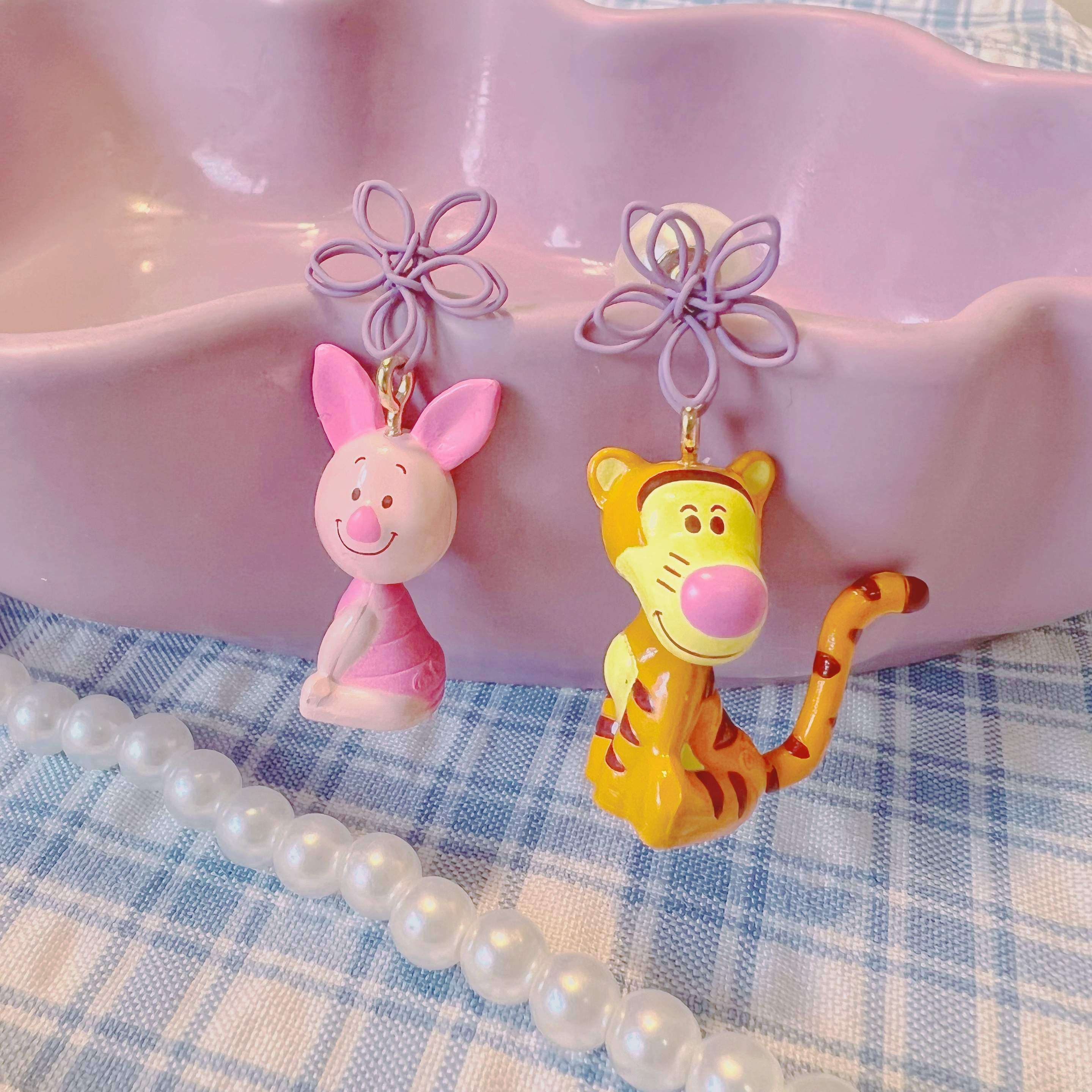 紫藤花镂空简约卡通小老虎petter小猪少女趣味ins网红耳夹银耳环