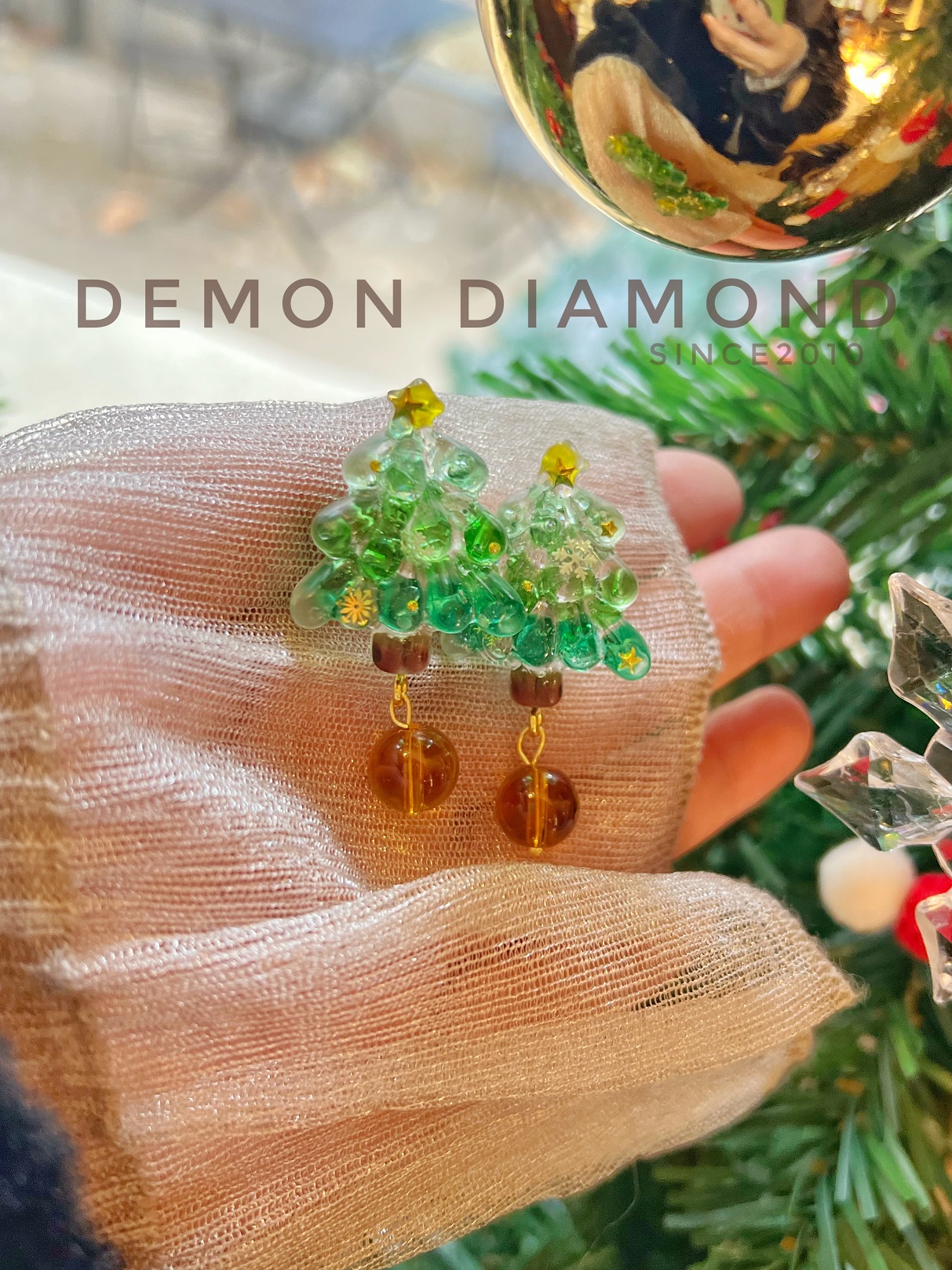 原创手作水晶圣诞树耳夹银针耳环