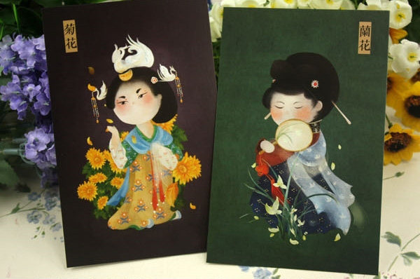 中式古画手绘明信片唐仕女创意卡片Q版可爱可邮寄中国风古典10张