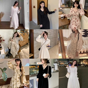AT红色长袖宽松型连衣裙韩版休闲甜美荷叶边裙纯色2024春秋新款
