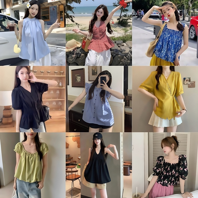 CF法式复古格子无袖背心女夏季收腰设计感小众褶皱别致V领上衣
