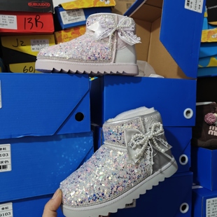 宝贝概念2025冬季儿童加绒雪地靴女蝴蝶结保暖棉鞋短靴女靴99103