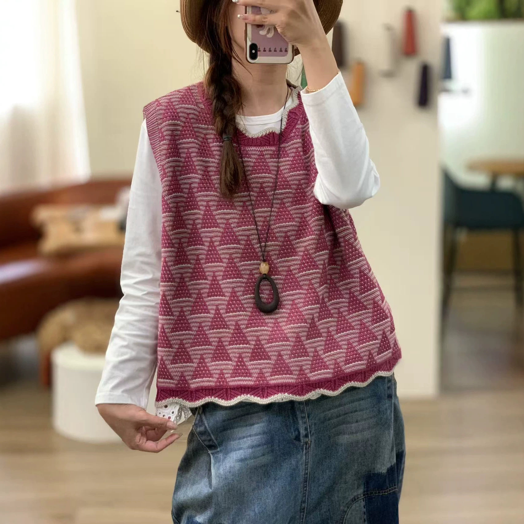 棉线提花波浪边针织背心叠穿秋季女宽松无袖毛衣坎肩百搭马甲上衣
