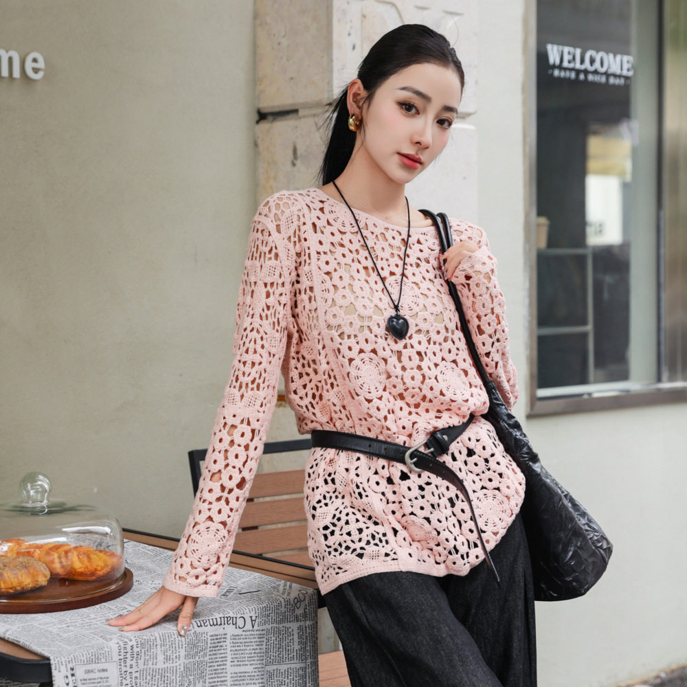 复古钩花长袖针织衫女秋季宽松显瘦毛衣镂空罩衫中长款洋气上衣潮