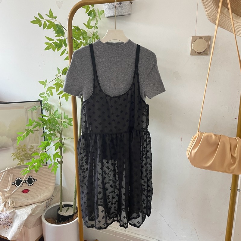 绣花蕾丝吊带裙女春夏季叠穿连衣裙中长无袖背心裙百搭透视罩衫裙
