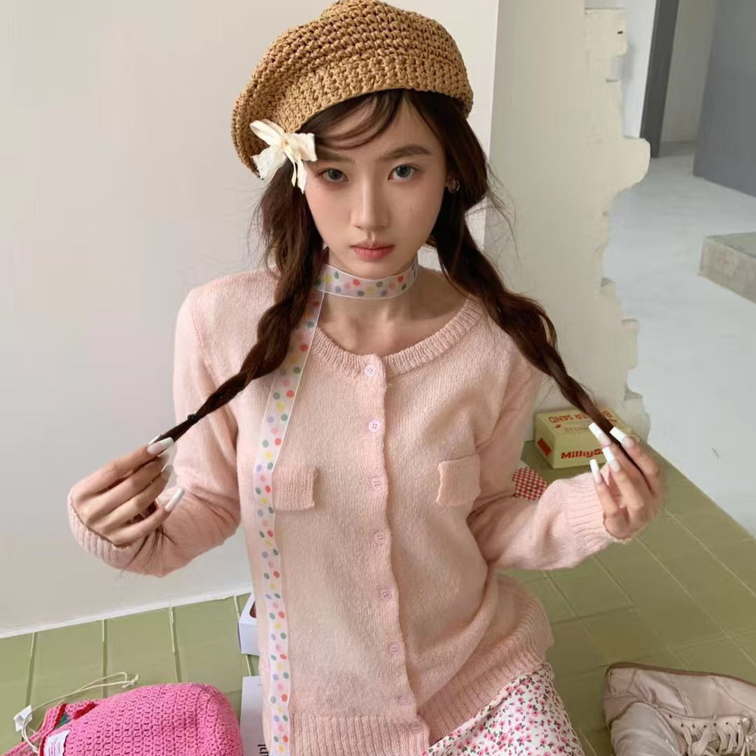 韩版针织衫外套新款女开衫春秋宽松单排扣薄款毛衣长袖设计感上衣