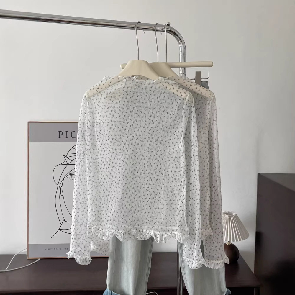 韩系木耳边碎花半高领长袖蕾丝衫女春夏时尚打底衫叠穿透视上衣