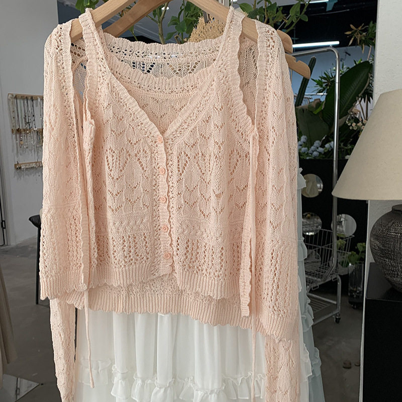 镂空花纹吊带背心开衫套装春夏短款外套女长袖针织衫上衣两件套
