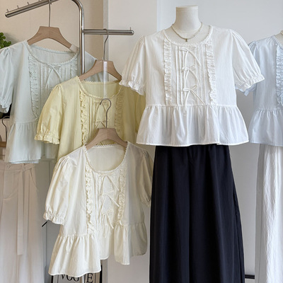 夏季荷叶边蝴蝶结收腰显瘦短袖衬衫女洋气上衣百搭衬衣宽松小衫