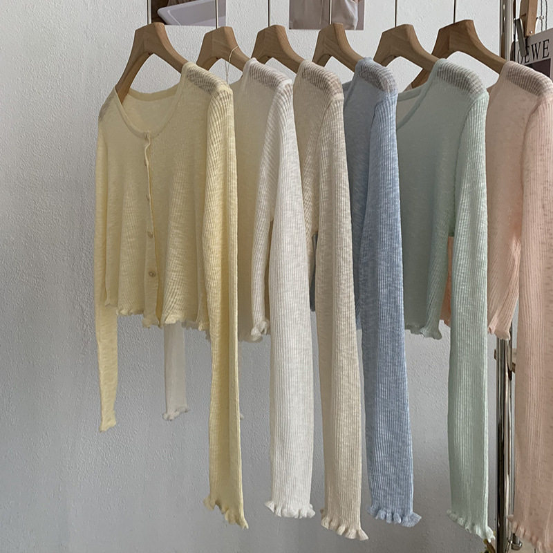 木耳边长袖防晒衫春夏女外搭开衫短款空调衫薄外套宽松披肩上衣