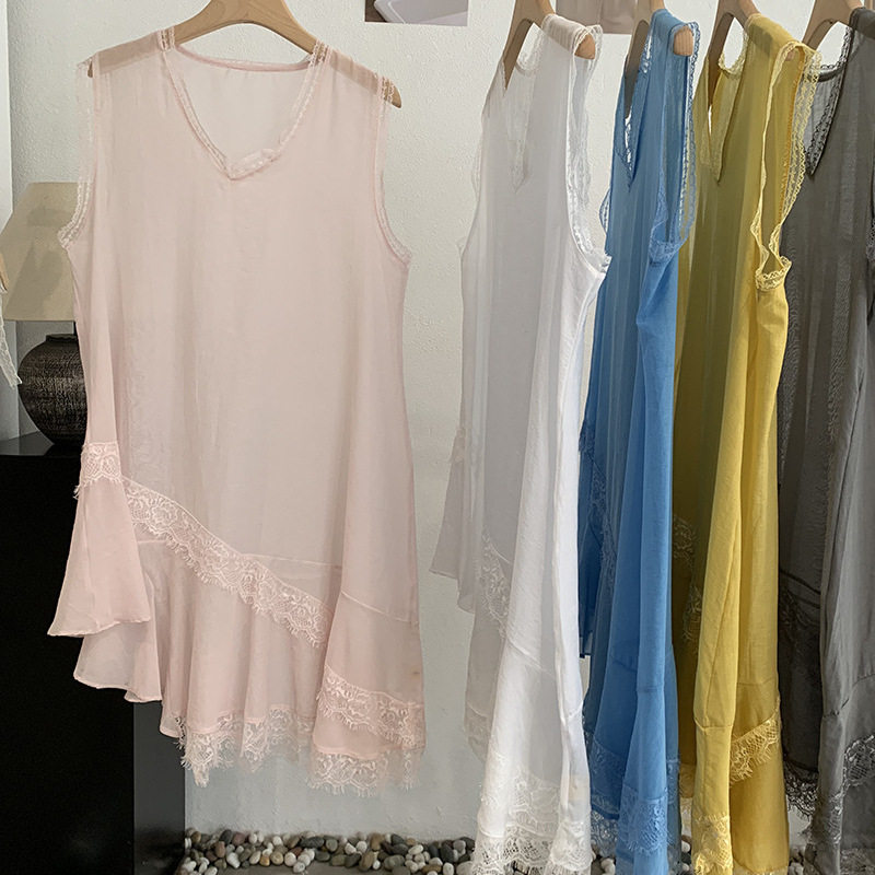 度假风沙滩裙蕾丝花边不规则背心裙女夏季叠穿连衣裙无袖罩衫裙