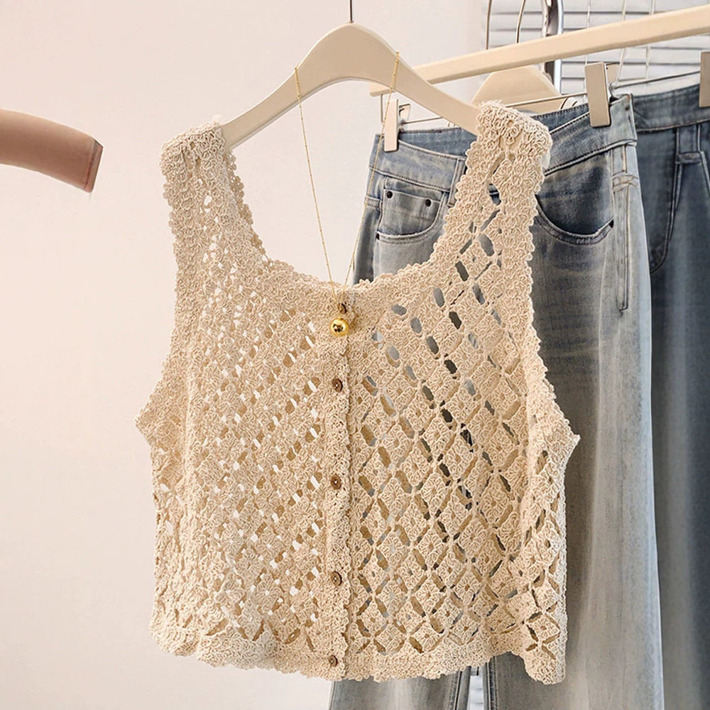 镂空针织吊带背心洋气坎肩单排扣钩花叠穿马甲女春夏无袖小衫上衣