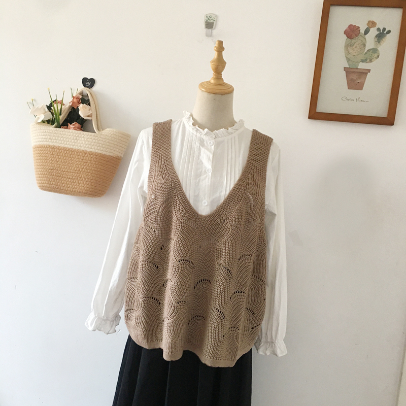 棉线镂空V领针织马甲女秋无袖毛衣坎肩百搭宽松显瘦毛线背心叠穿