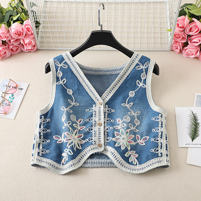 无袖背心女夏外穿新款复古民族风刺绣亮片短款v领上衣牛仔马甲潮