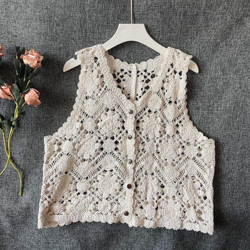 手工编织镂空花朵针织马甲背心女春夏叠穿无袖开衫坎肩百搭马夹