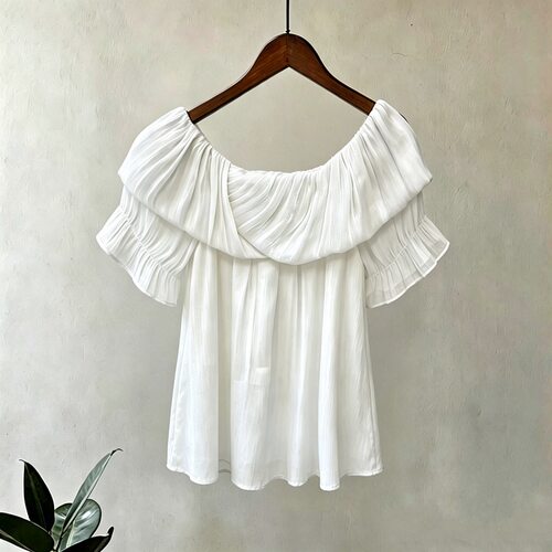 设计感褶皱荷叶边一字领露肩雪纺衫女夏季短袖上衣洋气百搭小衫