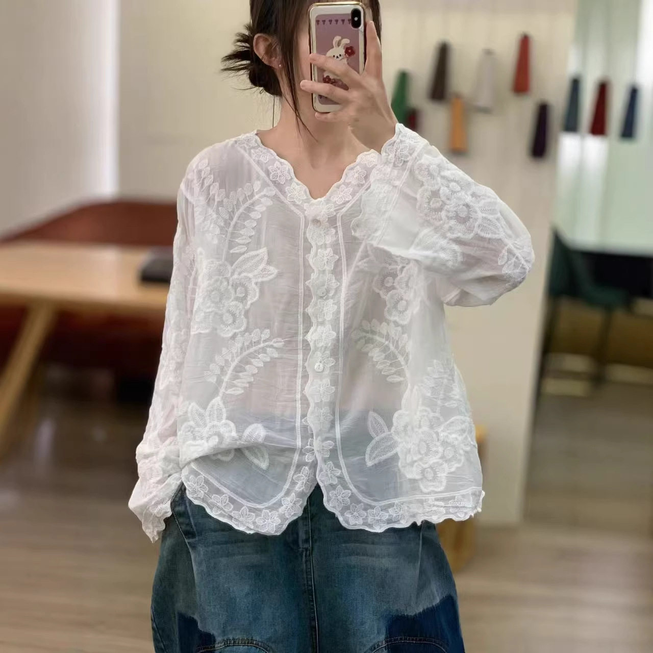 春夏新款纯棉罩衫外套薄款钩花上衣宽松披肩刺绣长袖衬衫百搭开衫