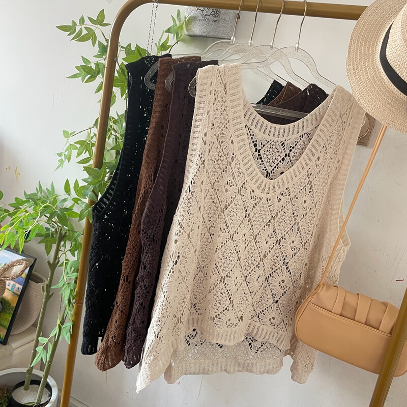 钩花镂空叠穿针织马甲背心女春夏季无袖V领坎肩百搭宽松网衫上衣