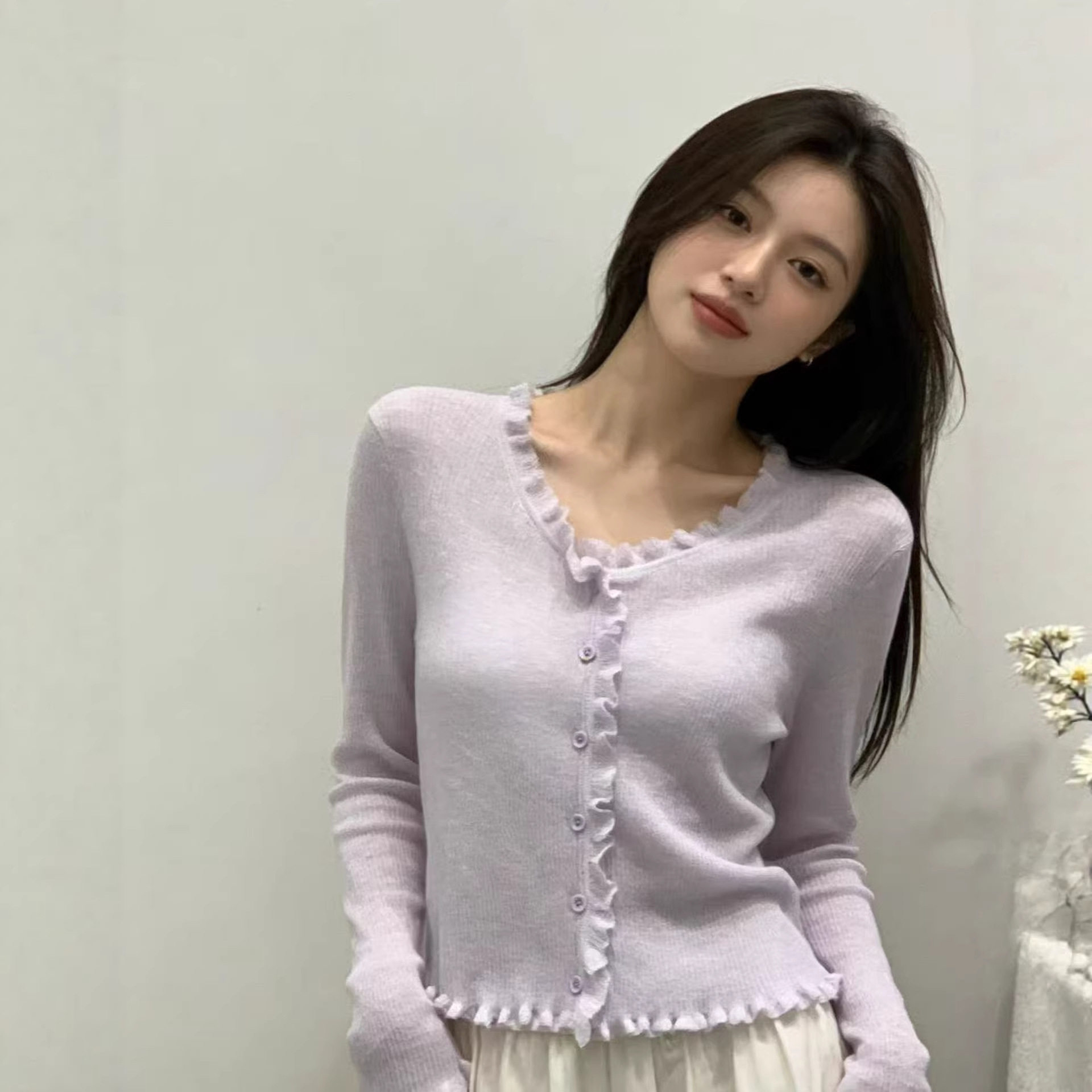 木耳边针织衫女春夏短款长袖开衫薄外套修身显瘦上衣百搭罩衫披肩