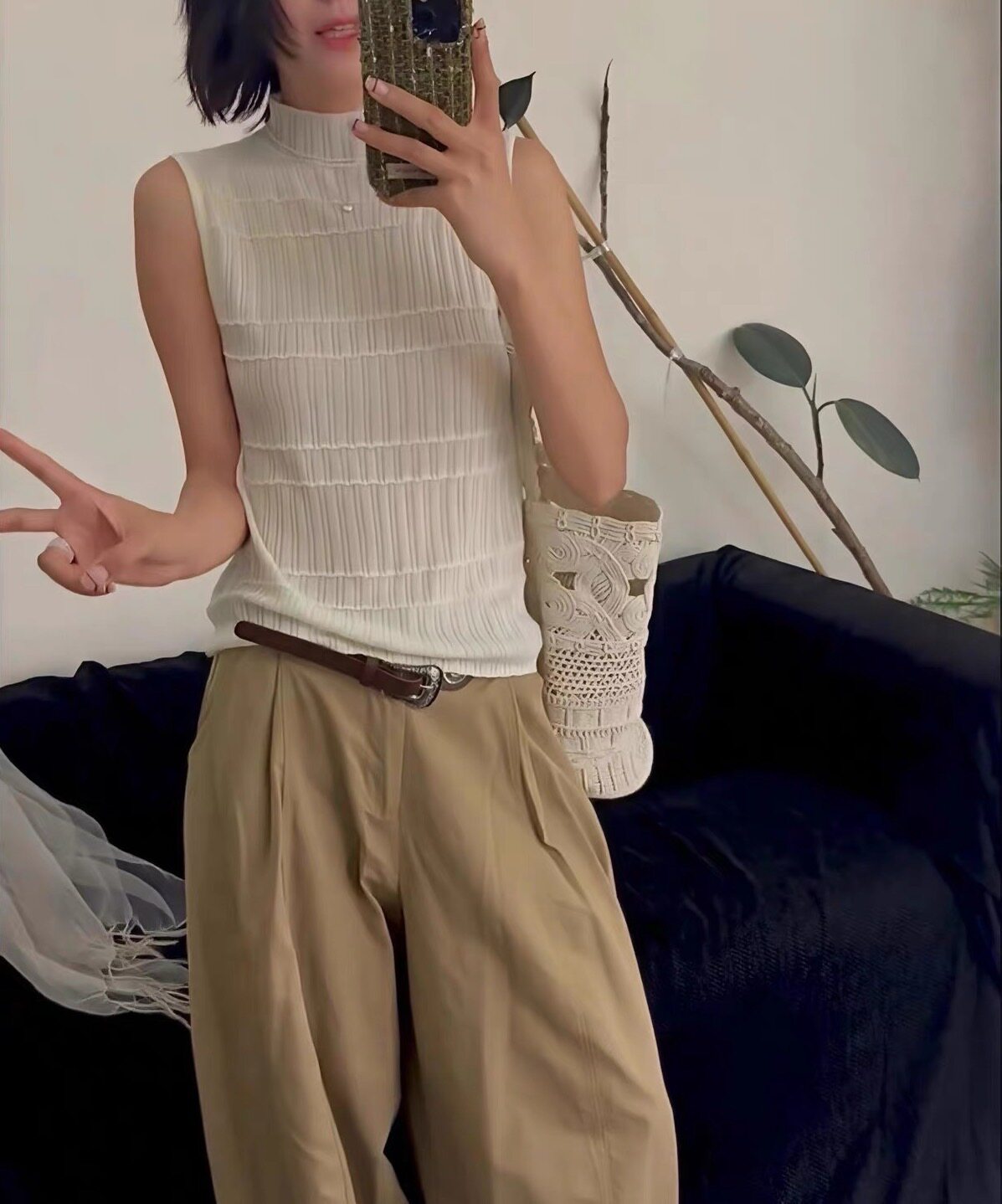 设计感纹理针织衫女秋季外穿T恤无袖上衣修身显瘦背心百搭打底衫