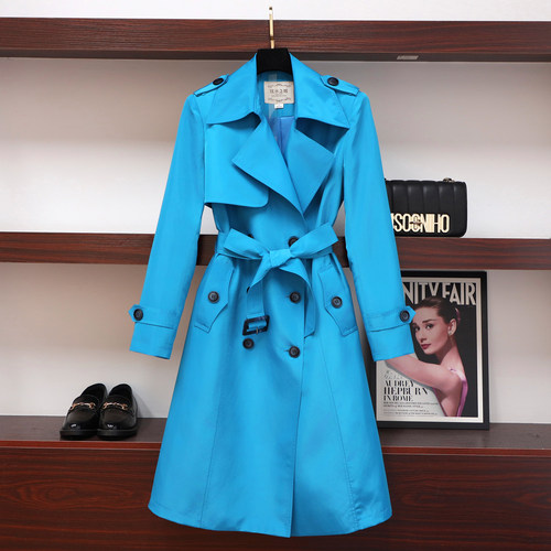 蓝色轻薄长款女士风衣四色可选