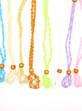 跨境节日新品复古编织原石天然石吊坠网兜项链手工可调节项链绳