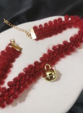 圣诞节红色原创秋冬毛绒皮革编织节日装扮铃铛项圈choker脖子饰品