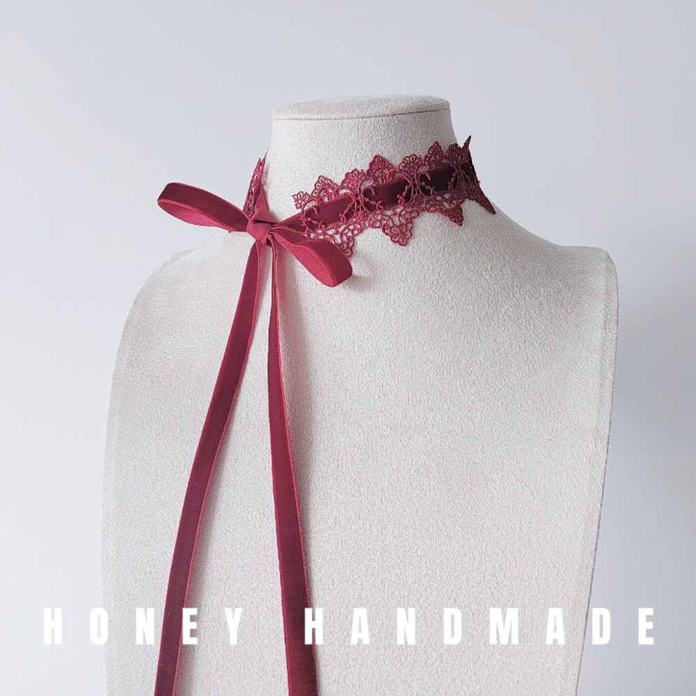 暗黑系酒红色蕾丝绑带蝴蝶结choker项圈女脖子饰品长飘带锁骨链