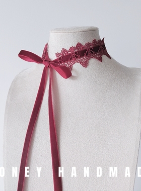 暗黑系酒红色蕾丝绑带蝴蝶结choker项圈女脖子饰品长飘带锁骨链