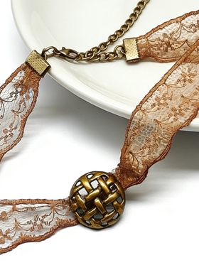 复古风美拉德棕纽扣蕾丝项圈choker脖子饰品女短款少女锁骨链