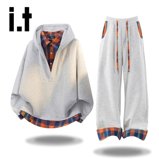 连帽卫衣搭配直筒裤 男士 FIVECM春秋假两件运动休闲套装 5cm