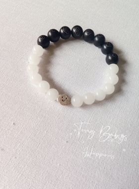 （Tong Babys）Young手作 国风款天然黑檀木白玉祥云银饰手串女