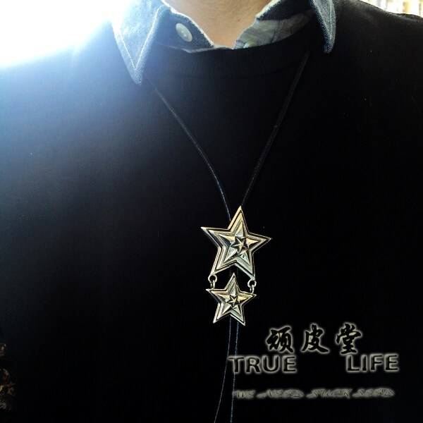 手工 diy 定制 纯银摇滚五角星图案 男女同款 皮绳项链