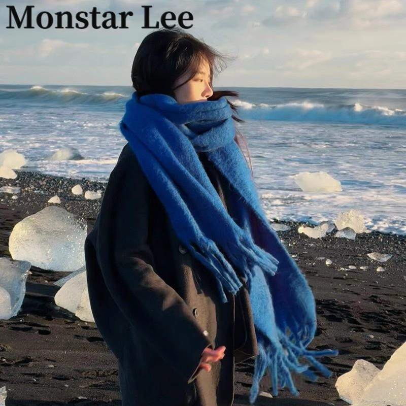 Monstar Lee东北哈尔滨雪乡蓝色围巾女冬长白山保暖马海毛围脖男