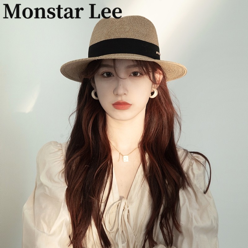 MonstarLee法式复古草编帽女防晒度假草帽英伦礼帽海边沙滩遮阳帽